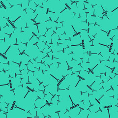 Black Garden rake icon isolated seamless pattern on green background. Tool for horticulture, agriculture, farming. Ground cultivator. Housekeeping equipment. Vector