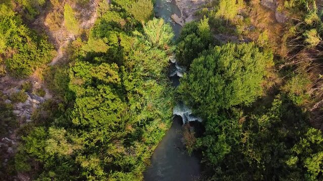 Aerial View Of Cascades Covered With Vegetations Over The Hills Near Jerica In Castellon Province Of Valencian Community, Spain.