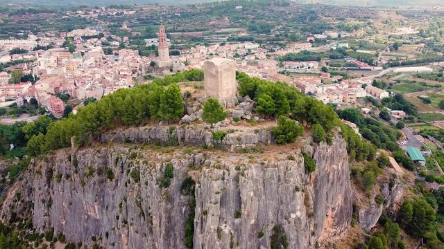 Aerial View Of Castle Ruins And The Small Town Of Jerica In Castellon, Spain At Daytime - drone shot
