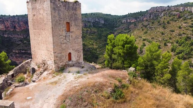 Medieval Tower - Remains Of A Castle On Top Of A Hill In J&eacute;rica, Alto Palancia, Castellon Province, Valencian Community, Spain - aerial drone shot