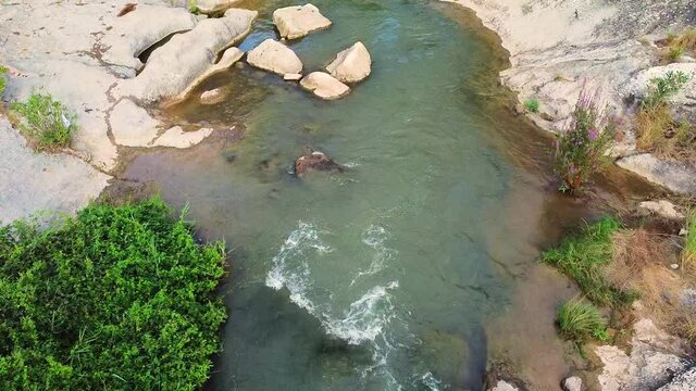 Rushing Streams Over Rocky River At Forest Hills Near Jerica, Castellon Province Of Valencian Community In Spain. - Drone