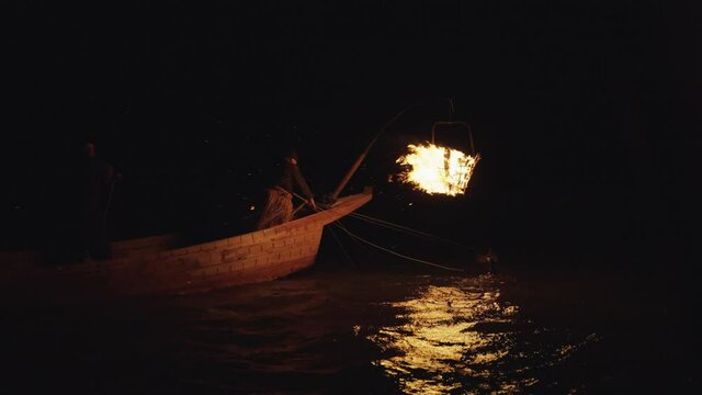 Cormorant Fishing on the Nagaragawa in Gifu, Japan. Slow Motion Night Shot