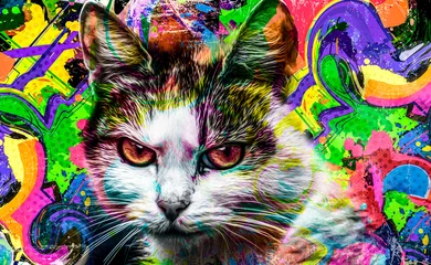 Gordijnen colorful artistic cat muzzle with bright paint splatters on dark background. © reznik_val