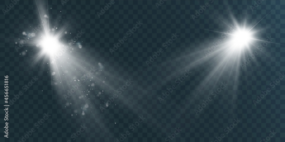 Poster Spotlights set isolated on transparent background. Vector glowing light effect with golden rays and lens flares.	