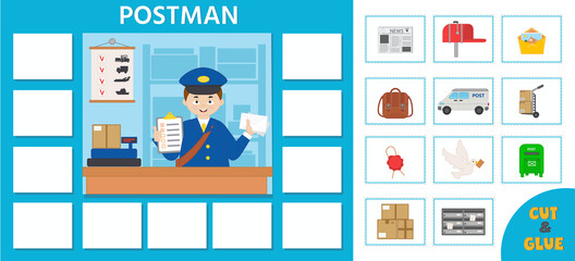 Naklejka na ściany i meble Profession game for kids. Cartoon postman. Paper card. Printable worksheet. Vector illustration