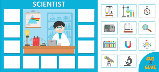 Naklejka na ściany i meble Vector character illustration of scientist doing scientific research. Game for preschool kids. Puzzle. Profession. Scientist and scientific equipment