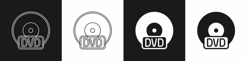 Set CD or DVD disk icon isolated on black and white background. Compact disc sign. Vector