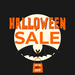 Obraz premium Halloween sale with bat moon and bag in black and orange color. Vector illustration