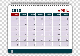 April 2022. Calendar planner design template. Week starts on Sunday