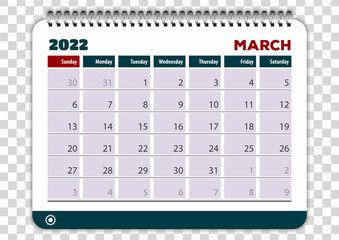 March 2022. Calendar planner design template. Week starts on Sunday