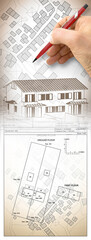 Architect drawing a residential building over an imaginary cadastral map of territory with...