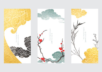 Fototapeta Japanese background with gold and black texture vector. Cherry blossom flower, bamboo and chinese cloud decorations in vintage style. Art landscape icon and logo design. obraz