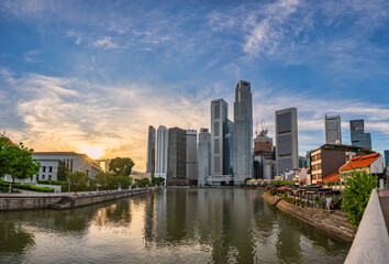Singapore sunrise city skyline at Boat Quay and Clarke Quay waterfront business district