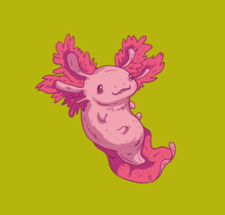 Cute pink floating axolotl on green monochrome background