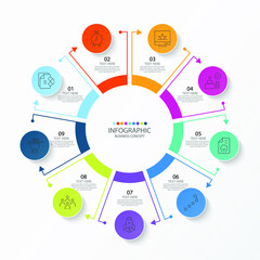 Basic circle infographic template with 9 steps, process or options, process chart, Used for process diagram, presentations, workflow layout, flow chart, infograph. Vector eps10 illustration.