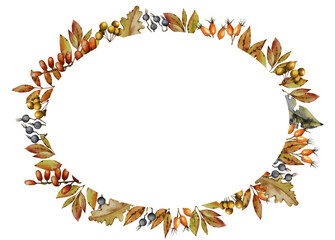 Round frame made of autumn leaves and berries. Watercolor.