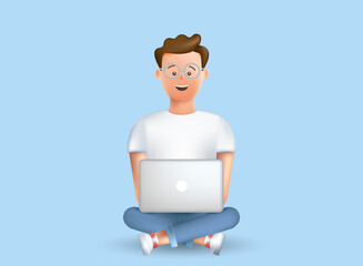 Happy young man sitting on the floor. Laptop on his knees. Work, study at home. Freelancer. The course of study. Video conference. The concept of remote work, access. 3D business illustration.