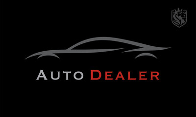 Fototapeta na wymiar Concept sports car dealership logo design. Isolated supercar silhouette on black background. Performance motor vehicle service garage brand icon. Vector illustration.