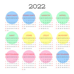 Calendar 2022 year. English vector square wall or pocket calender template. Week starts on Sunday