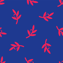 Fototapeta na wymiar Red Olives branch icon isolated seamless pattern on blue background. Vector
