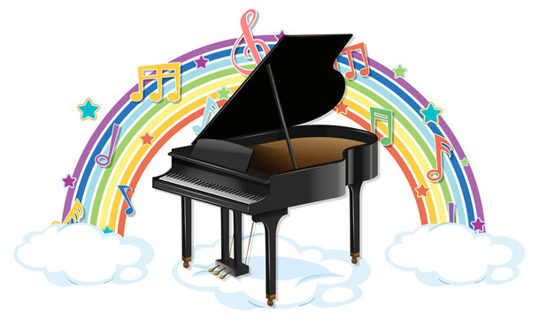 Piano with melody symbols on rainbow