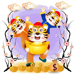 Obraz na płótnie Canvas Happy Chinese new year 2022 - year of the Tiger with baby tiger cartoon 