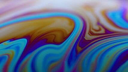 The surface of the liquid soap with the changing colors of the rainbow. Light refraction on a soap bubble, vacro close up moving particles. Close up. Slow motion.
