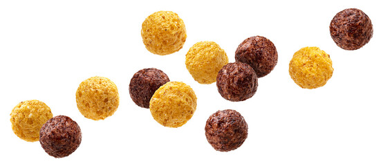 Falling chocolate corn balls isolated on white background