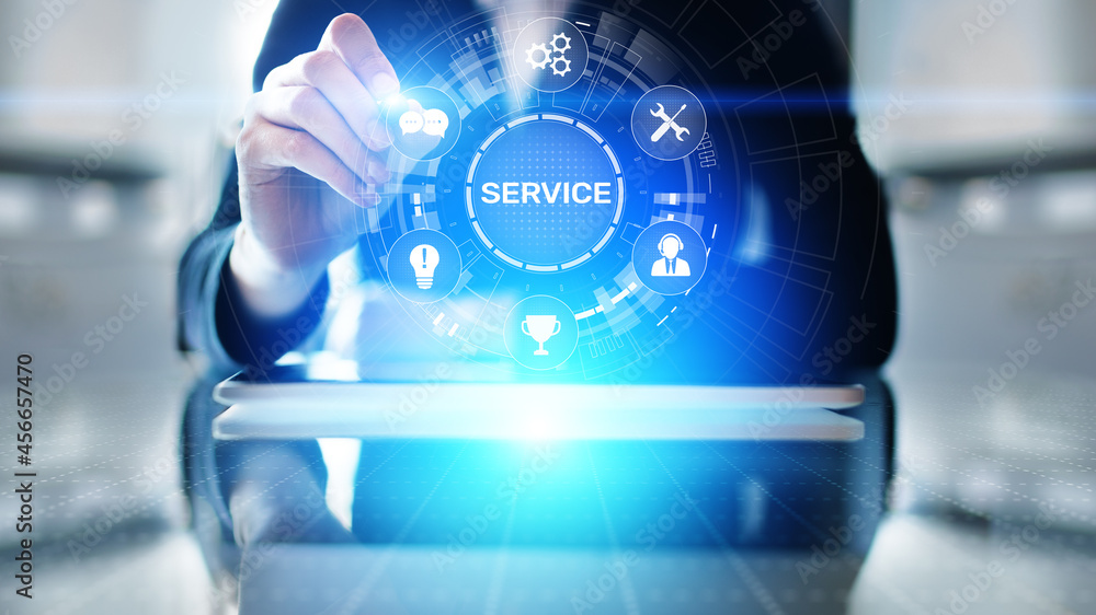 Poster Service support customer help call center Business technology button on virtual screen.