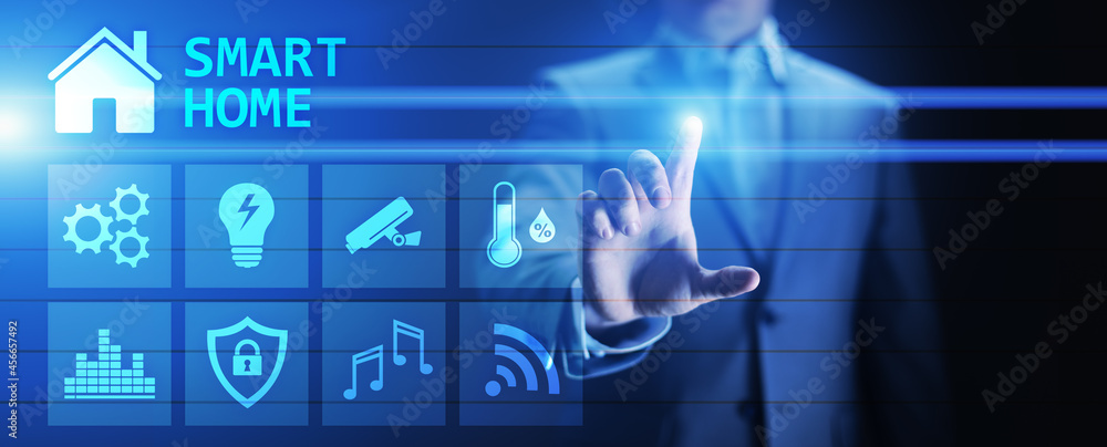 Poster smart home control panel on virtual screen. internet of things, iot, process automation concept.