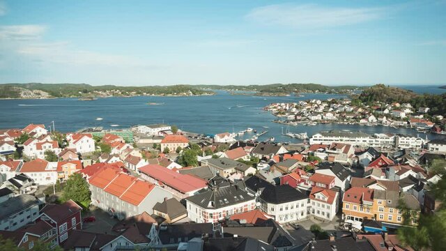 Aerial time-lapse and view of Kragero coastal town, Norway