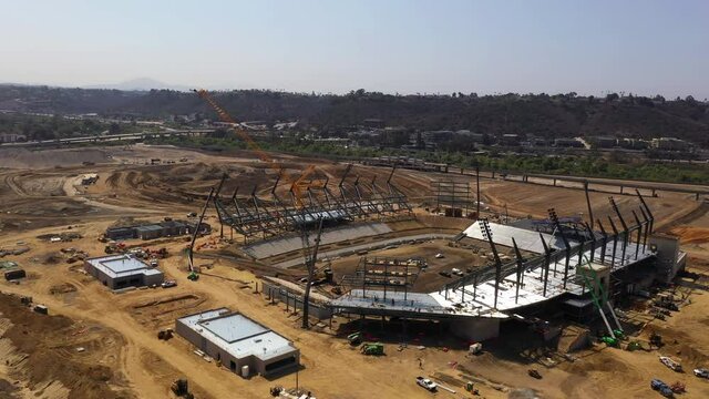 New sports arena construction in Mission Valley, San Diego California. Drone orbit