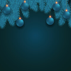 Fototapeta na wymiar Christmas Background Blue Pine Branch And Christmas Ball