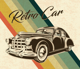 Vintage car on retro background.