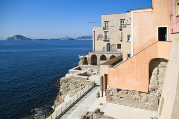 Panoramic view of the old town of Pozzuoli, overlooking the sea, Italy.