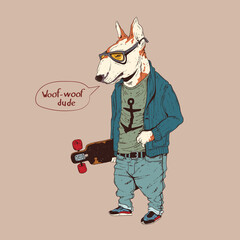 Illustration of isolated skater dog talking to somebody