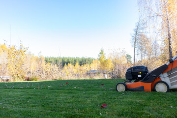 Autumn season, lawn mowing in the garden.