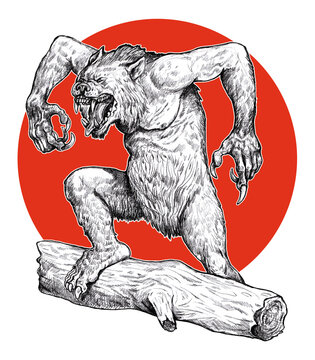 recommend clip art: Werewolf roaring drawing. Fantasy monster illustration. Halloween template.	