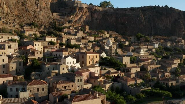 Monemvasia Town On Medieval Greek Island On Coast Of Peloponnese In Laconia, Greece. - Aerial Drone