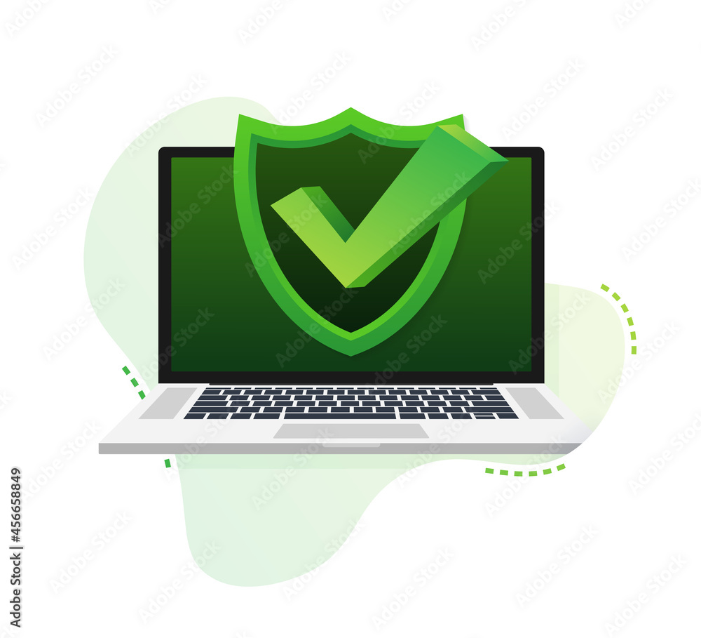 Poster laptop with checkmark or tick notification in bubble pattern. approved choice. accept or approve che