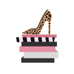 Leopard heels on books about style and fashion. Vector illustration