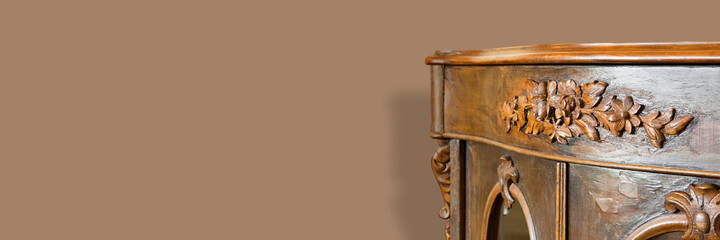 Detail of an ancient italian wooden furniture of the 19th century just restored - Web banner design concept with copy space for inserting text - obrazy, fototapety, plakaty