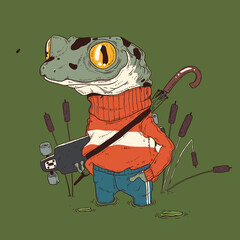 Illustration of modern dressed frog with longboard