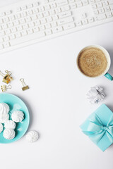 top view home office. desk with female accessories