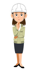 考えるヘルメットを被って作業着を着た女性
