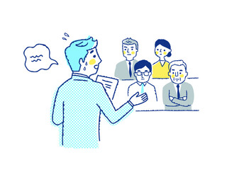 人前で緊張しなからスピーチする男性