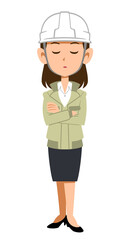 腕組みして考えるヘルメットを被って作業着を着た女性
