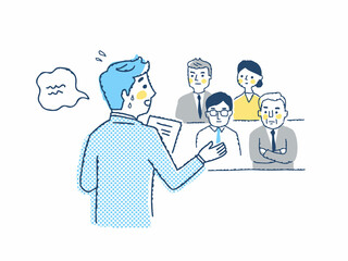 人前で緊張しなからスピーチする男性