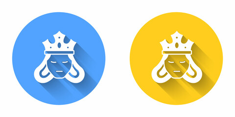 White Princess or queen wearing her crown icon isolated with long shadow background. Medieval lady. Circle button. Vector