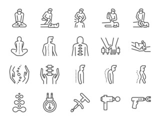 Chiropractic line icon set. Included the icons as Chiropractor, spline treatment,  massage, Osteopath, Osteopathy, joint recovery, and more. - obrazy, fototapety, plakaty